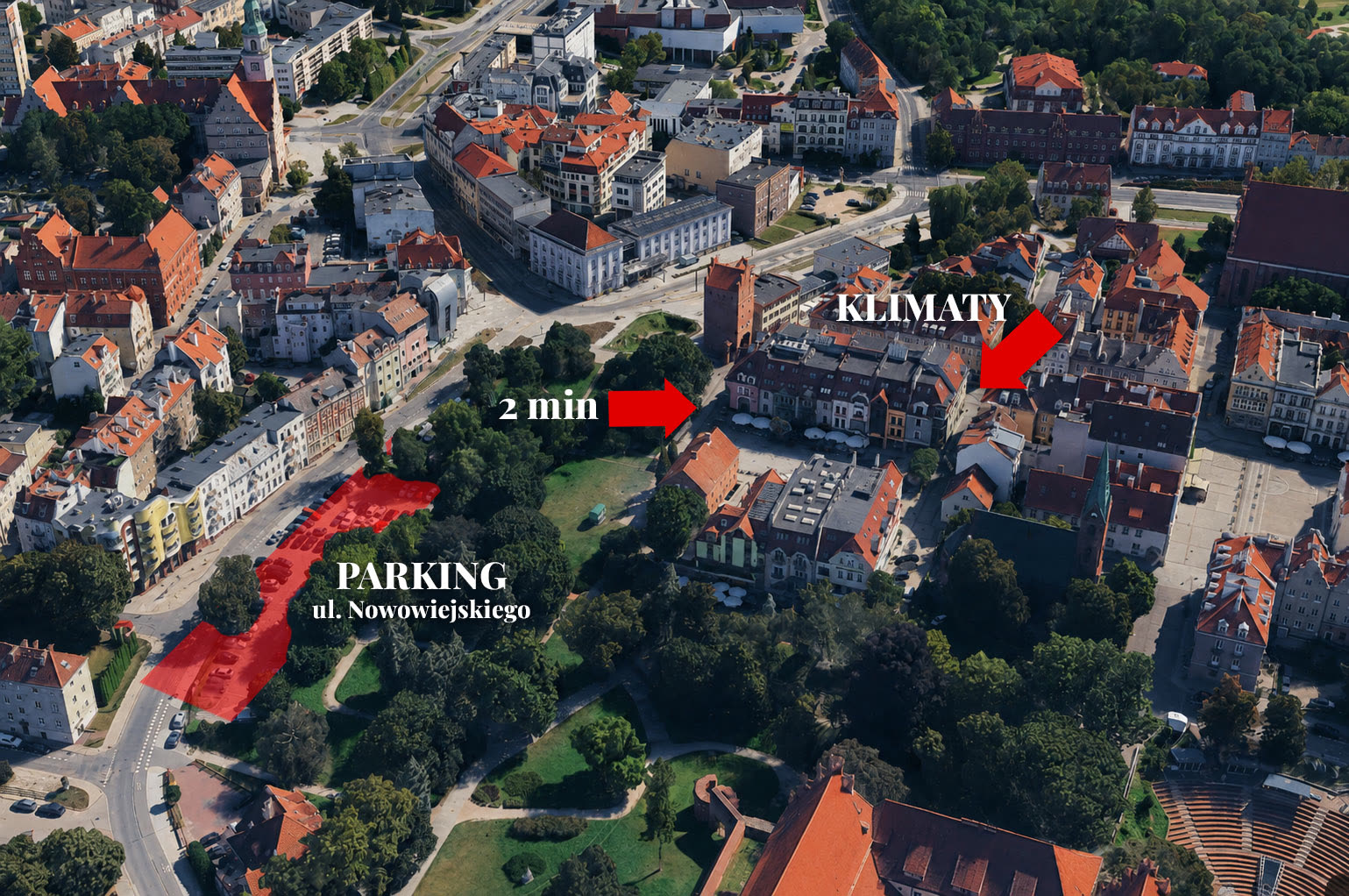 Mapa: parking przy ul. Nowowiejskiego, 2 minuty pieszo do Klimatów